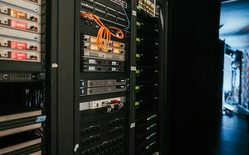 Server racks used to sync and broadcast business data